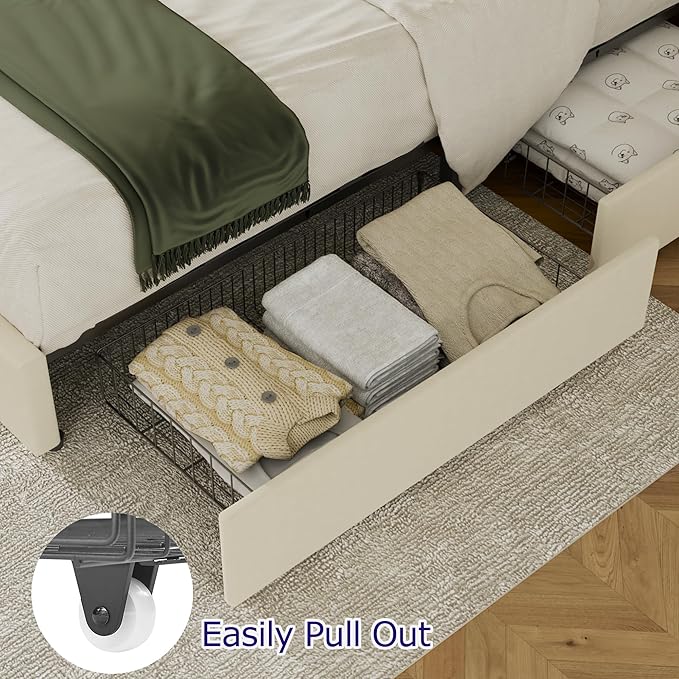 VECELO King Size Bed Frame with 4 Storage Drawers, Adjustable Height Headboard, Heavy-Duty Bedframe with Strong Wooden Slats, No Box Spring Needed, Pale Beige