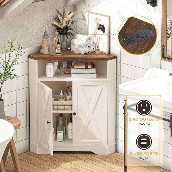 Vabches Corner Storage Cabinet, Small Corner Cabinet with USB Ports and Outlets Organizer, Barn Door Design and Adjustable Shelf, Living Room, Kitchen, Bathroom（White