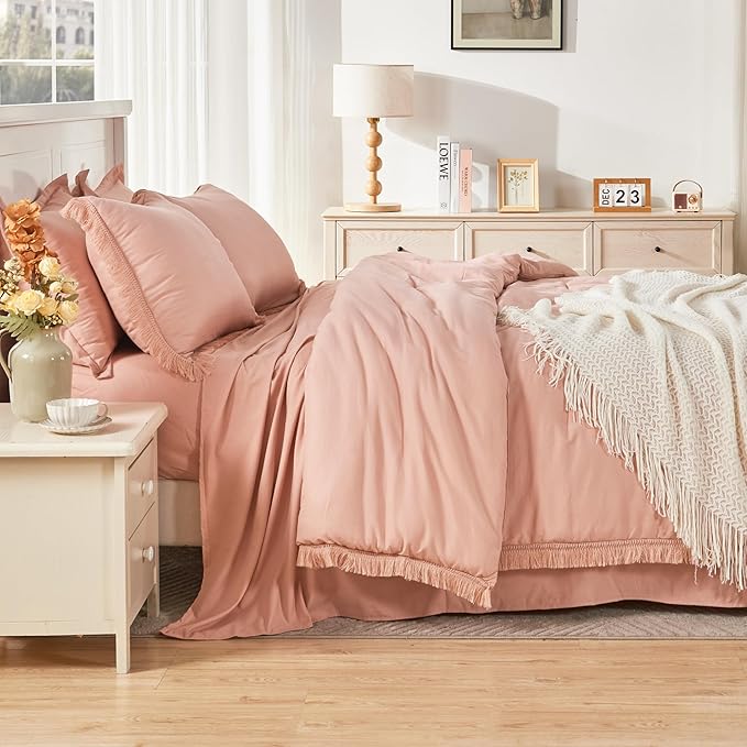 Andency California King Size Comforter Set with Sheets Pink - 7 Pieces Cal King Bed in a Bag Boho Bedding Sets, Pink Bed Set with Comforter, Sheets, Pillowcases & Shams