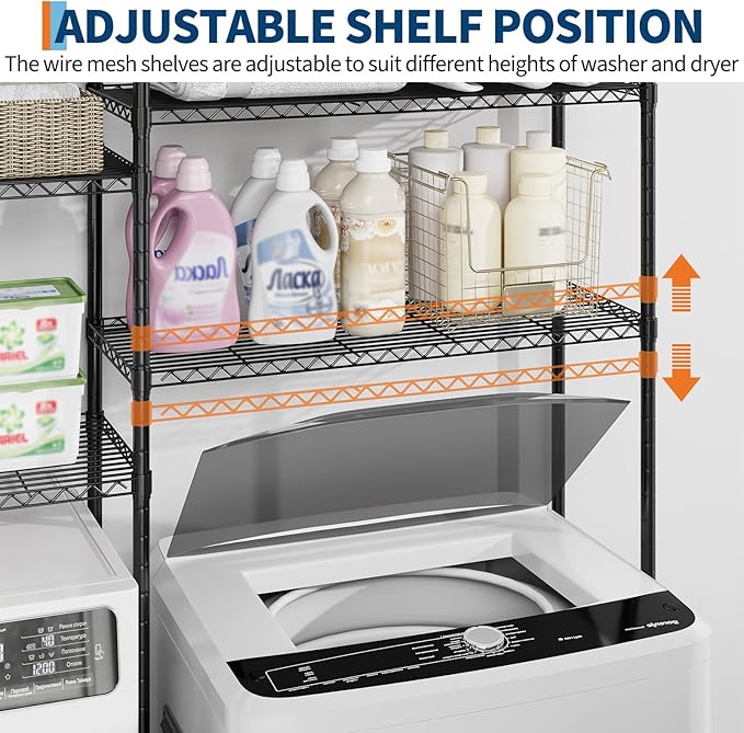 Over Washer and Dryer Storage Shelves, Adjustable Height 4-Tier Clothes Drying Rack with Hanger Rod & Hook, Heavy Duty Laundry Room Storage Organization, Space Saving, Black