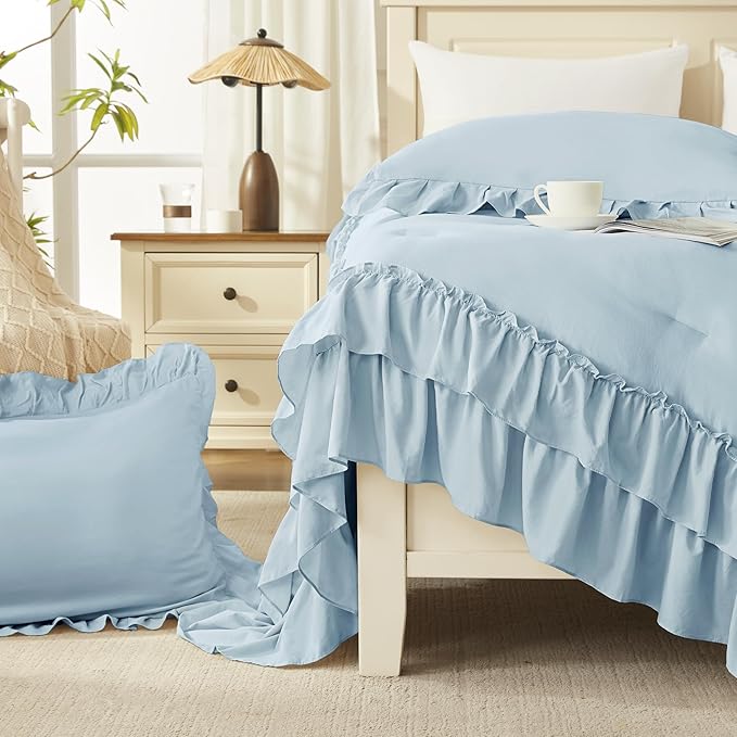 Andency Light Blue Queen Comforter Set (90x90Inch), 3 Pieces Lightweight Fluffy Ruffle Bedding Comforter Sets for Queen Bed, Farmhouse Shabby Chic Soft All Season Bed Set