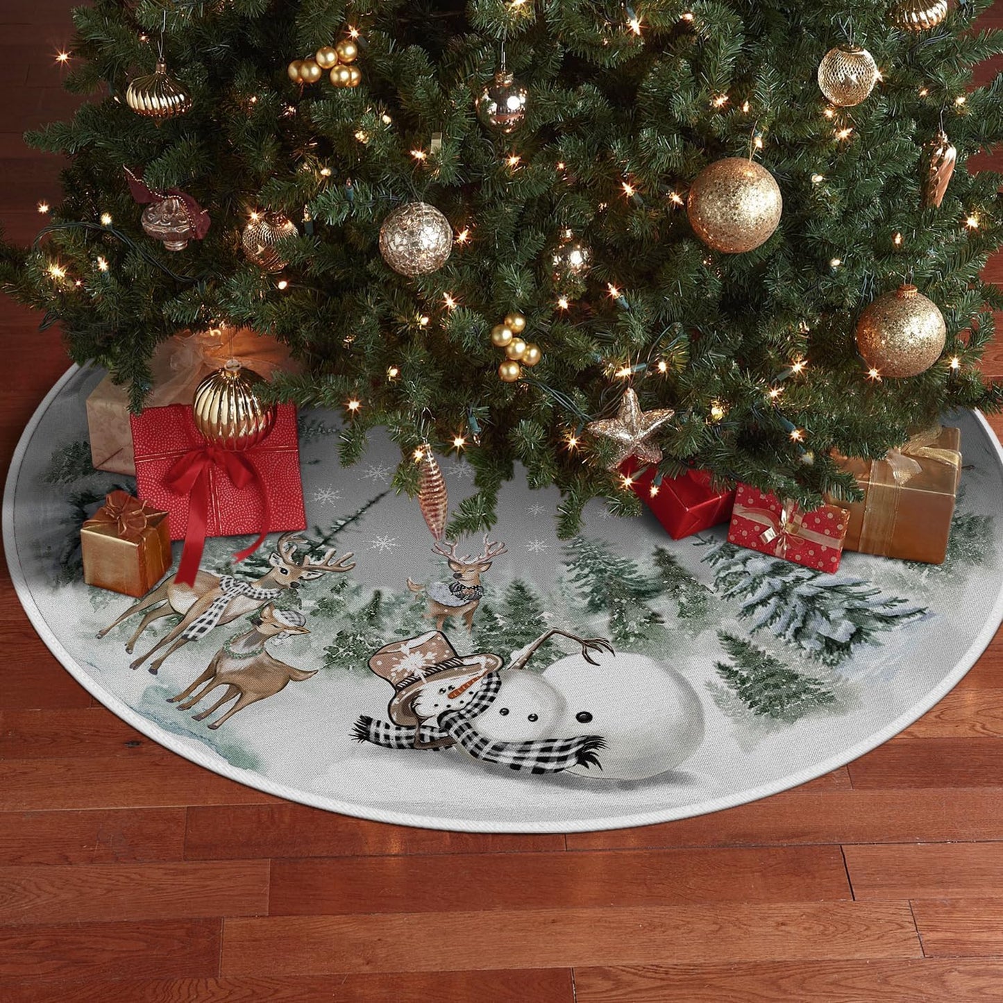 AVOIN colorlife Snowman Reindeer Snowflake Christmas Tree Skirt 36 Inch, Winter Holiday Tree Mat Decoration
