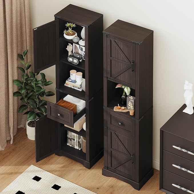 66" Tall Farmhouse Bathroom Storage Cabinet with Barn Doors and Drawer, Narrow Storage Unit, Adjustable Shelves & 5-Tier Space, Freestanding Cabinet for Bathroom, Entryway, Kitchen, Espresso