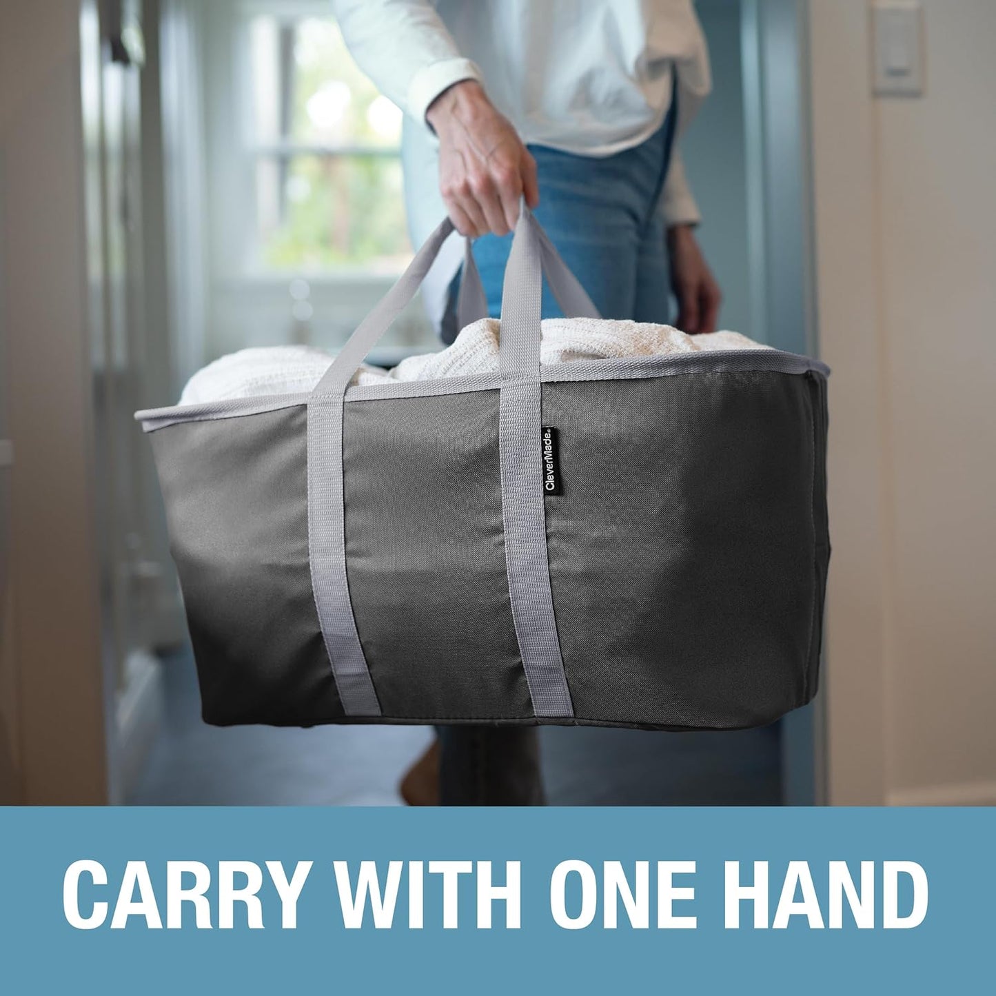 CleverMade Collapsible Laundry Tote - Charcoal Gray 2-Pack 50L - Foldable Storage Organization Container for Clothes Laundry Room Storage Solution