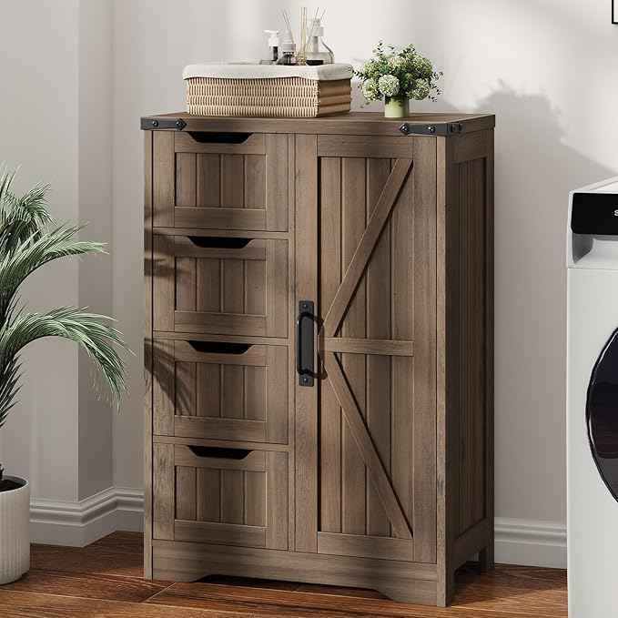 Vabches Farmhouse Bathroom Cabinet, Freestanding Storage Cabinet with 4 Drawers and 1 Door, Rustic Storage Organizer with Adjustable Shelf for Bathroom, Living Room, Entryway, Grey