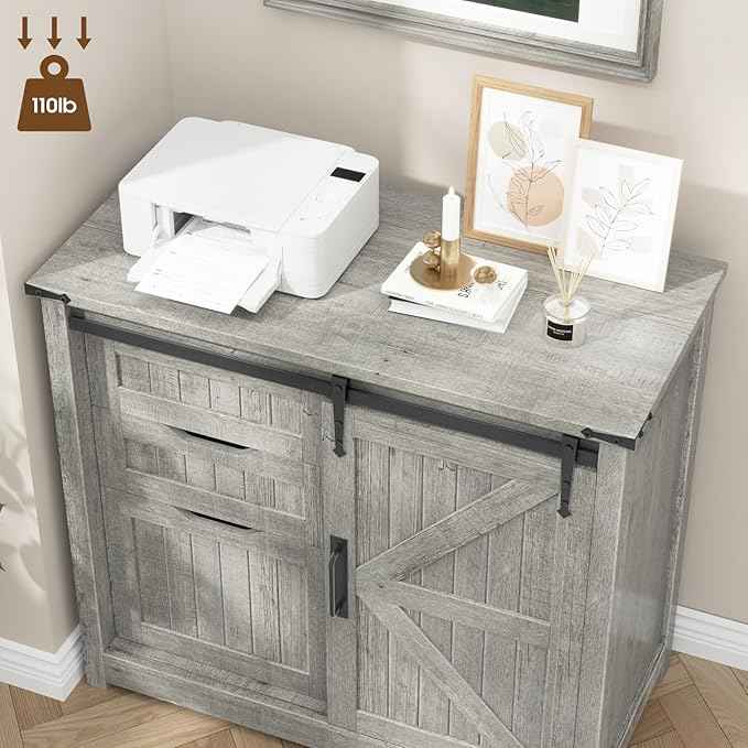 Vabches Lateral File Cabinets with Adjustable Shelf, Farmhouse Filing Cabinet for Home Office, Filing Organization Storage Cabinets with Sliding Barn Door for Hanging Files Letter/A4.