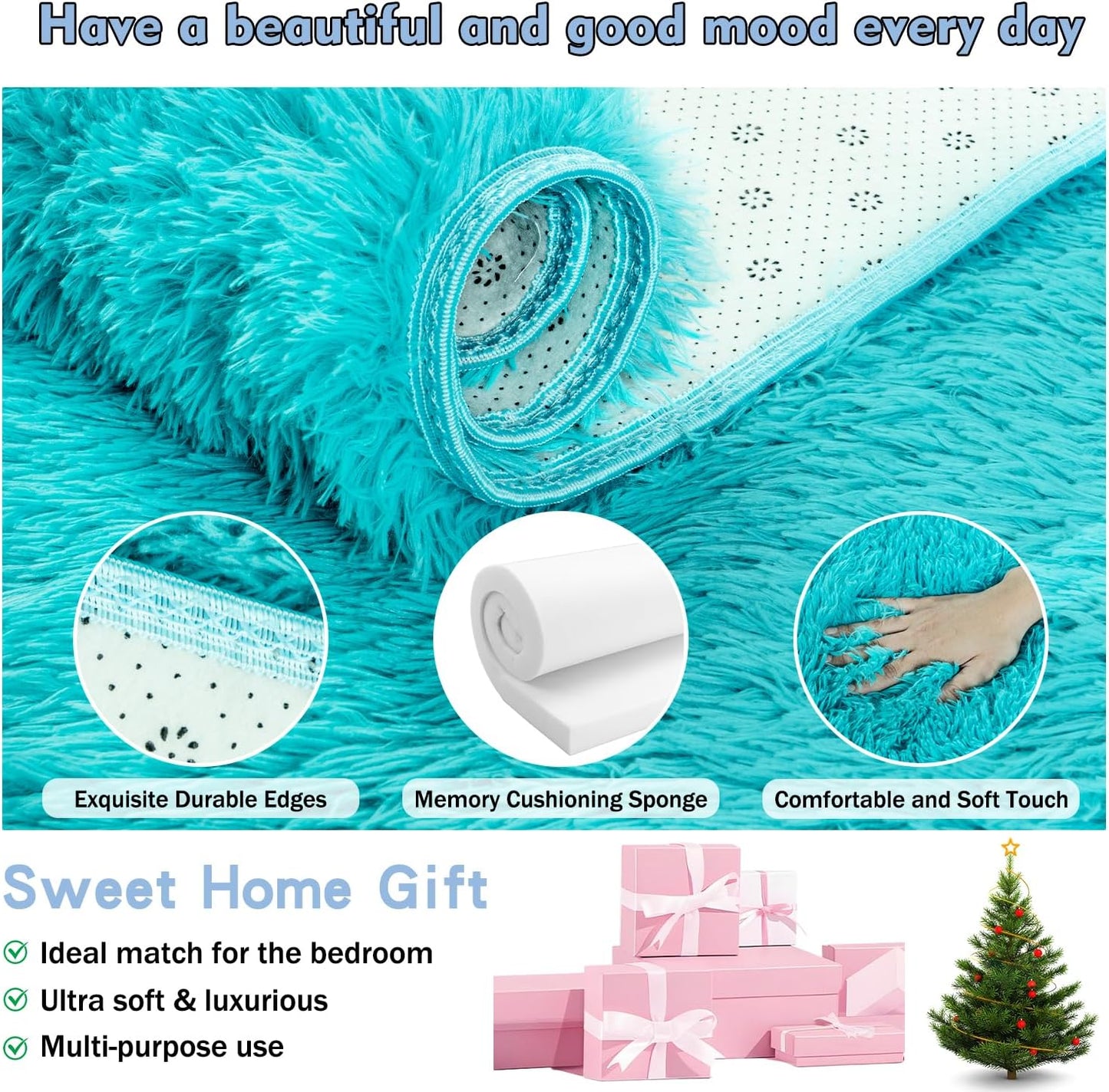 Extra Large Fluffy Area Rug for Bedroom Living Room, 9x12 Feet Teal Blue Modern Indoor Carpets Room Colorful Rugs, Plush Indoor Nursery Classroom Home Decor Bedside Rug with Non-Slip Bottom