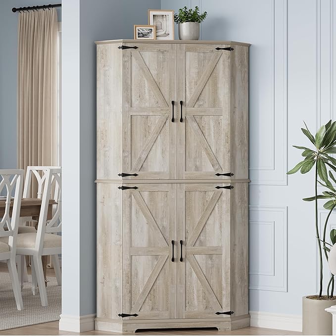 IRONCK Corner Cabinet, 72" Kitchen Pantry Cabinet, 6-Tier Farmhouse Pantry with 2 Adjustable Shelves, 240° Swivel Doors, 2 Doors Storage, Spacious Hutch for Kitchen, Living Room, Rustic Maple