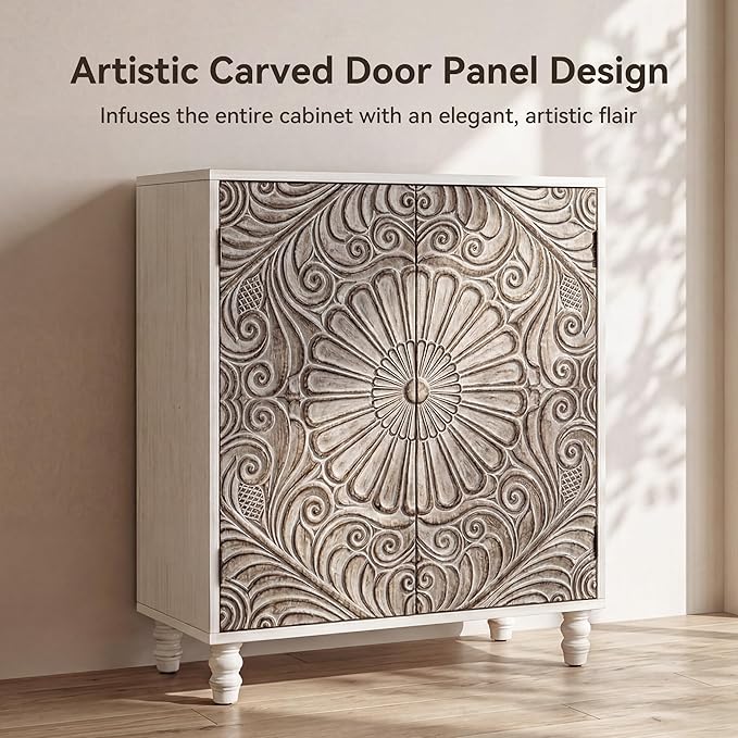 COSIEST 32" W Sideboard Buffet Cabinet with Storage, Accent Cabinet with 2 Push-to-Open Magnetic Doors, Vintage MDF Buffet Table for Living Room, Kitchen, Hallway (Gray,Flower Pattern)