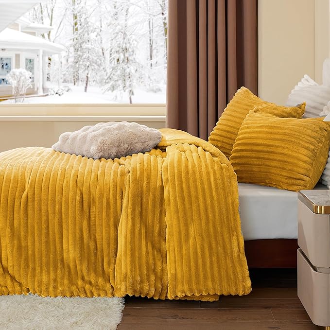 BEDELITE Fleece Queen Comforter Set -Super Soft & Warm Fluffy Mustard Yellow Bedding, Luxury Fuzzy Heavy Bed Set for Winter with 2 Pillow Cases