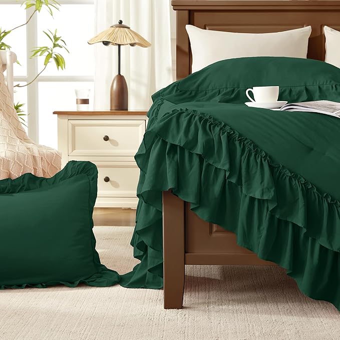 Andency Dark Green Comforter Set Queen Size, Lightweight Fluffy Farmhouse Ruffle Bedding Set, Soft Microfiber All Season Shabby Chic Bed Comforter Set 3 Pieces(1 Comforter 2 Pillowcases)