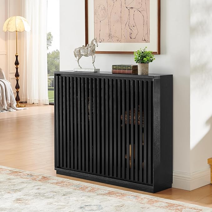 Ball & Cast 39" Narrow Sideboard Cabinet with Storage, Mid Century Modern Buffet Credenza Cabinet w/Fluted Doors & 2 Outlet Holes,for Living Room,Dining Rooms, Entryway, Kitchen Coffee Bar, Black
