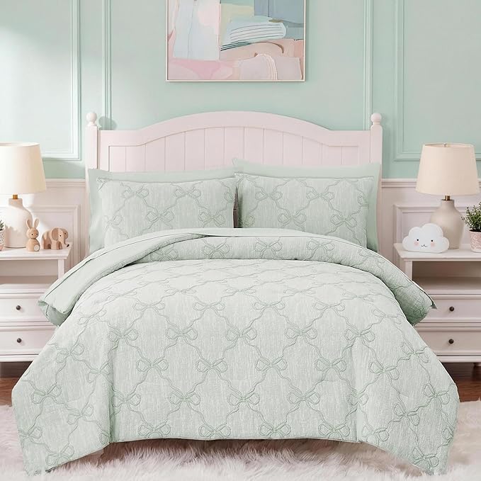Queen Comforter Set with Sheets for Girls-7 Pieces Queen Bedding Sets with Light Green Comforter, Sheets, Pillowcases & Shams for Kids (Green Diamond, 90" X 90")