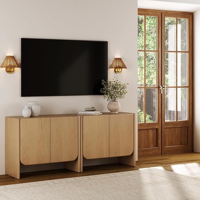 Nathan James Jacala Mid Century Modern Media Console Cabinet or TV Stand, Entryway Storage Cabinet with Doors and Wood Frame, Raw Oak, Set of 2