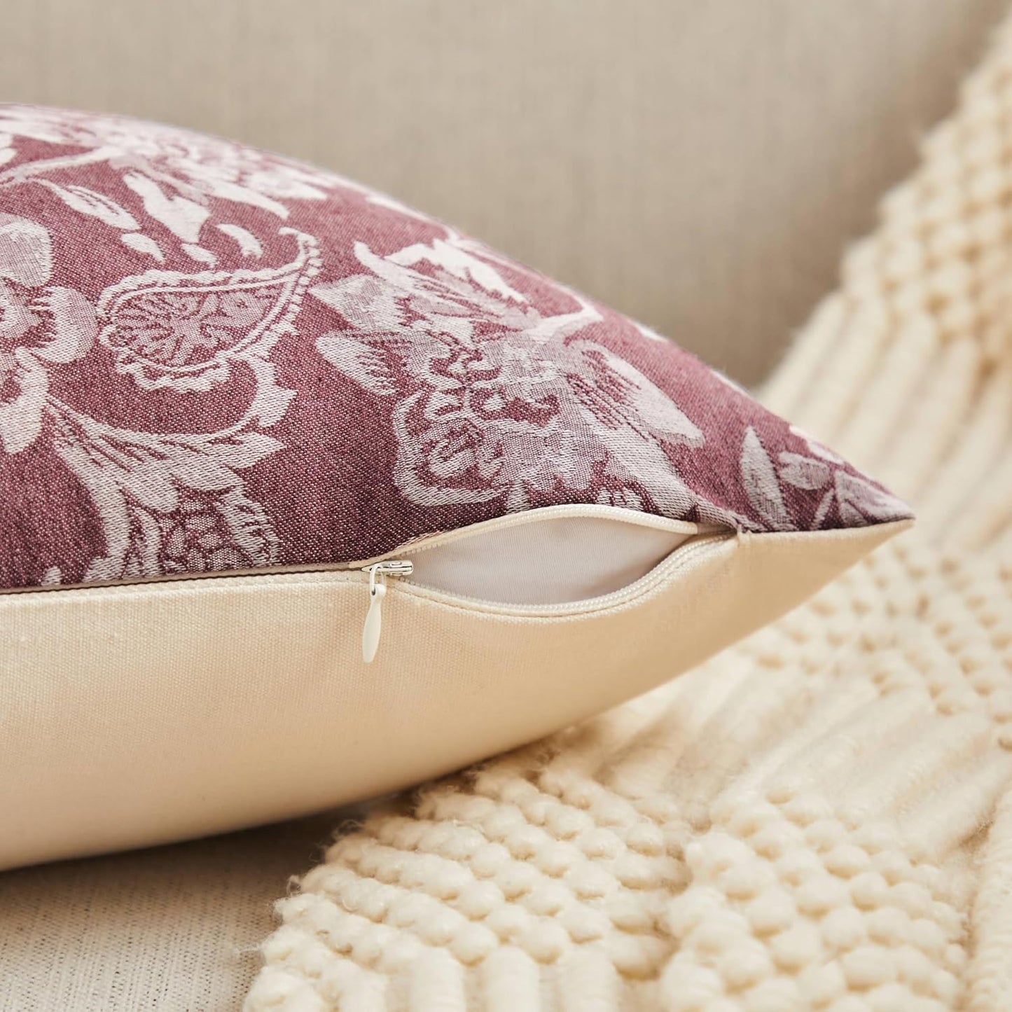 Floral Jacquard Throw Pillow Covers Set of 2, Background/Burgundy 22x22 Inch, Farmhouse Decorative Cotton Burgundy Cushion Covers for Sofa Bed Living Room Home Decor