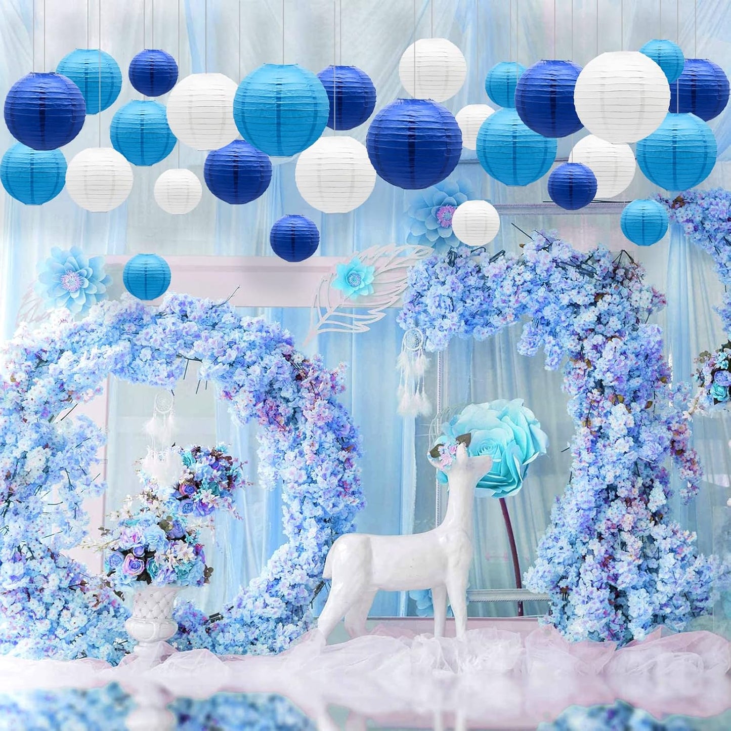 ADLKGG Blue Paper Lanterns Decorative, Hanging Round Paper Lantern Party Supplies for Anniversary Graduation Wedding Birthday Party Baby Shower Decorations Indoor Outdoor, 21pcs
