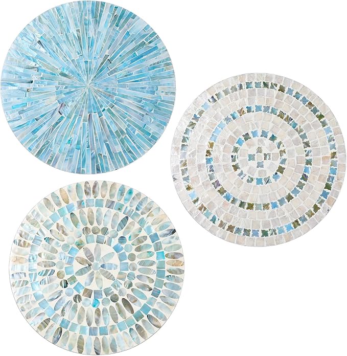 Tioncy 3 Pcs 11.8 Inches Spring Summer Blue Mother of Pearl Shell Plate Coastal Wall Art Mosaic Wall Sculpture Shell Handmade Hanging Plates Arts for Bedroom Bathroom Home Office Hotel