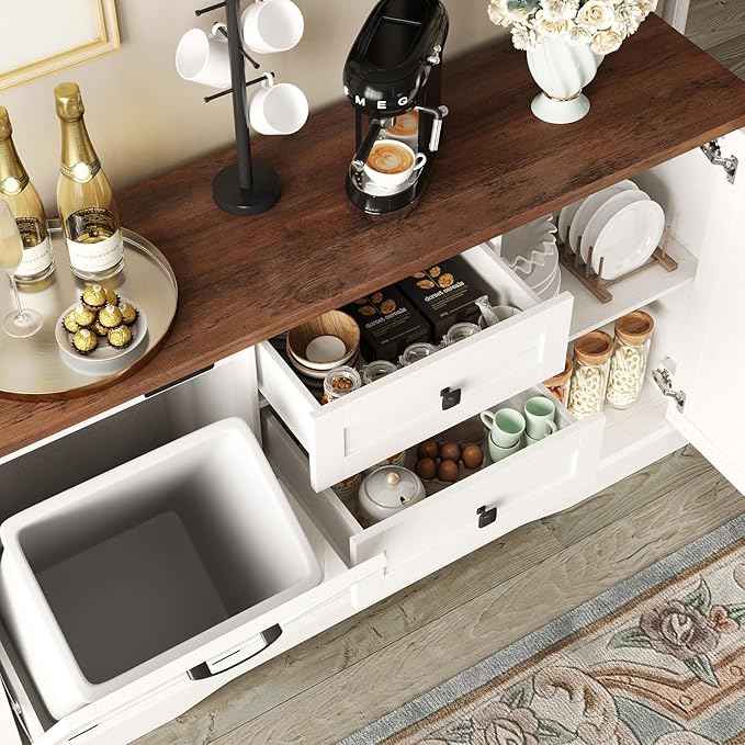 Vabches Farmhouse Buffet Cabinet with Tilt Out Trash Can, 55" Coffee Bar Cabinet&Sideboard with Storage and Drawers, Hidden Garbage Cabinet for Kitchen, Rustic White