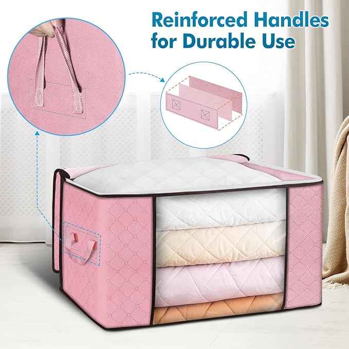 Budding Joy 90L Large Storage Bags, 4 Pack Clothes Storage Bins Foldable Closet Organizer Storage Containers Storage and Organization for Clothes, Blanket, Pillows and Toys (Pink)