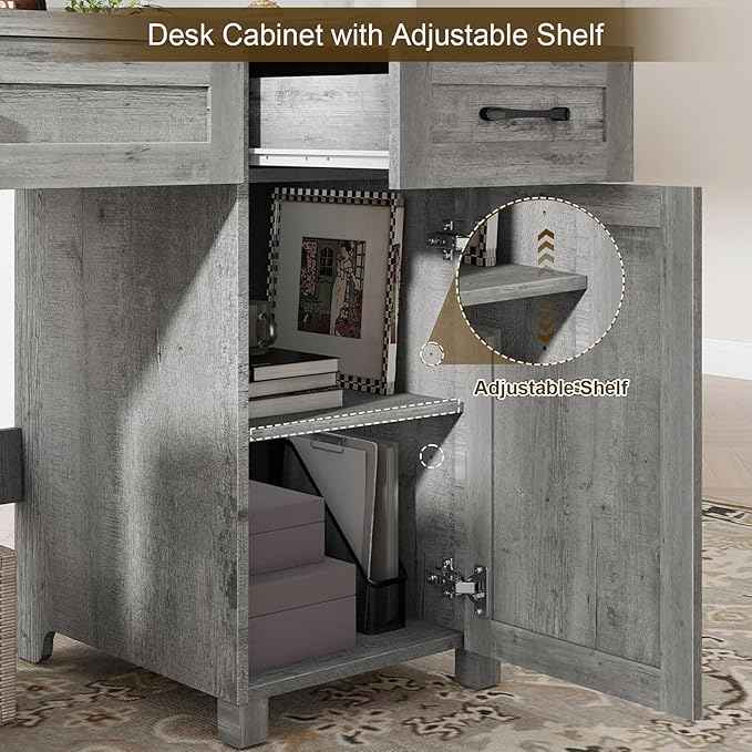 Vabches Farmhouse 47" Executive Desk, Computer Desk with Drawers and Storage Cabinet, Workstation Computer Desk for Home Office and Study.(Grey)