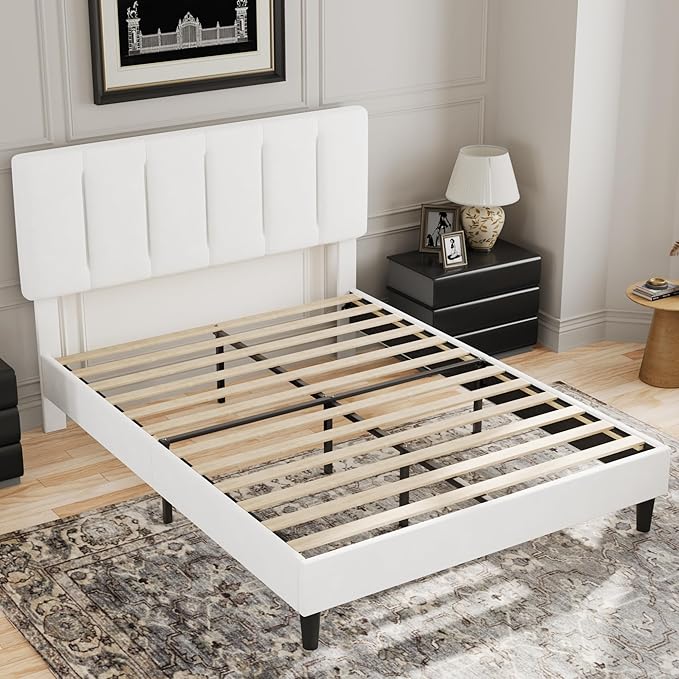 VECELO Queen Bed Frame with Upholstered Headboard, Heavy-Duty Platform Bedframe with Strong Wooden Slats Support, No Boxing Spring Needed, Pure White