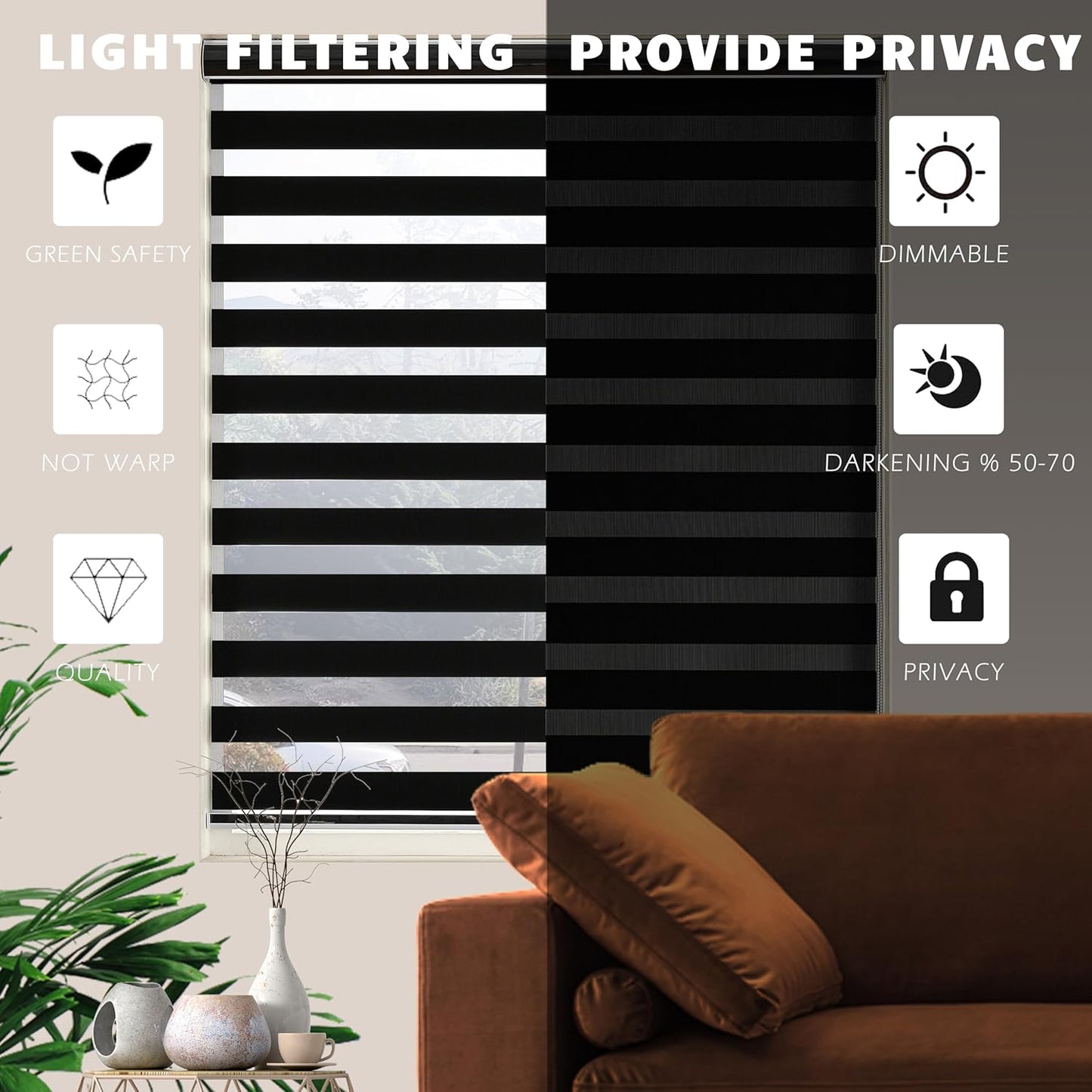 Blackout Zebra Blinds, Dual Layer Free-Stop, Room Darkening Zebra Shades, Blinds for Indoor Windows, Light Filtering Privacy Sheer Shade for Home(60" W X 72" H, Black)