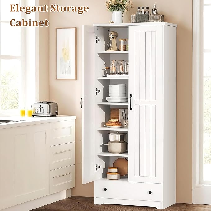 70" Tall Storage Cabinets, Large Wood Storage Pantry Cabinet with 6 Adjustable Shelves, Drawer & 2 Striped Doors, Standing Utility Cabinet for Kitchen, Dining Room, Bathroom (White)