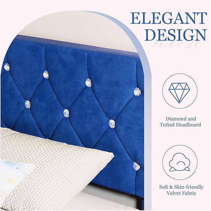 VECELO Twin Size Bed Frame, Upholstered Platform with Adjustable Diamond Tufted Headboard, Wood Slat Support, No Box Spring Needed, Navy Blue