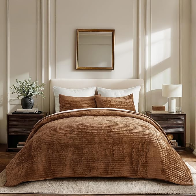 EVERGRACE Velvet Quilt Set King Size, Luxurious Soft Striped Channel Bedding Set, Lightweight Velvet Comforter for All Season, Oversized Bedspread Coverlet with 2 Matching Shams, Dark Brown