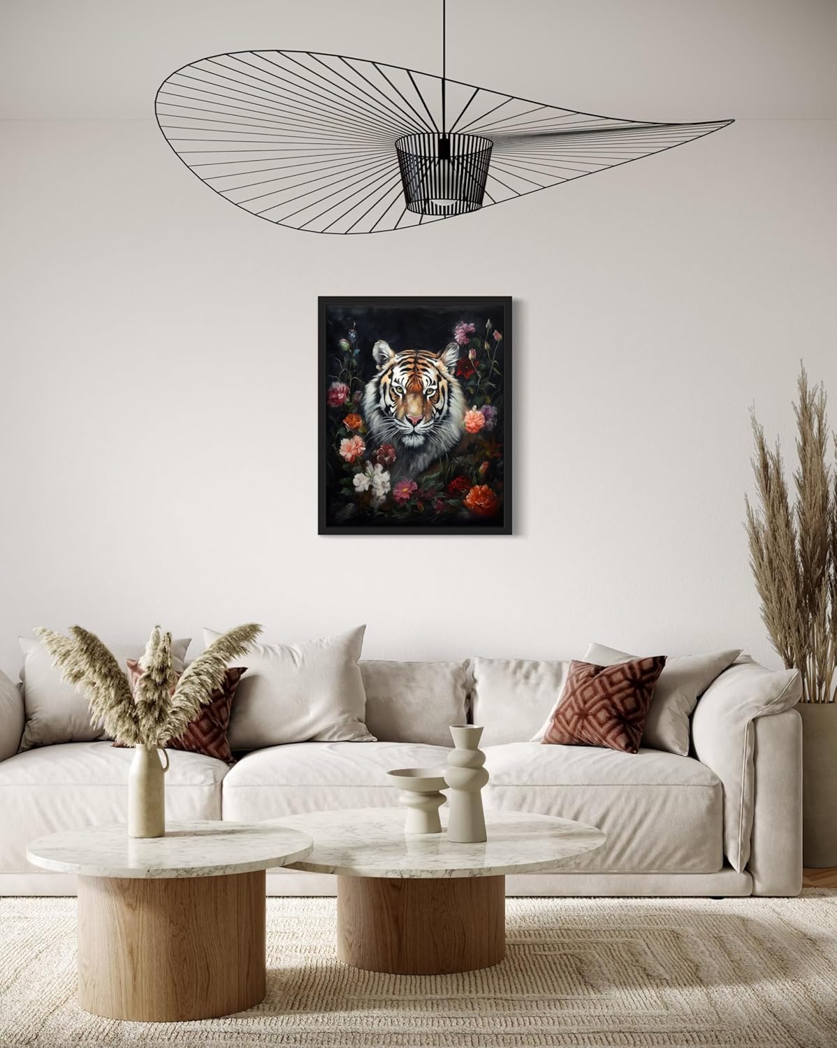 Tiger and Flower Poster Art Print, Halloween Scary Vintage Wall Art Academia Spooky Painting Decoration for Horror Prints, Gothic Posters Bedroom Decor 89 (Tiger and Flower, 11 x 14 inches, Black Frame)