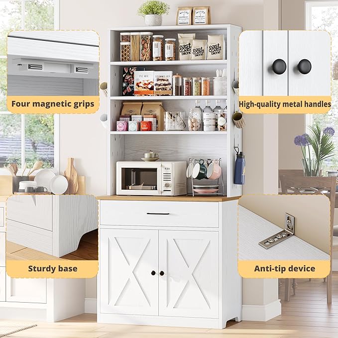 IRONCK Bakers Rack Microwave Stand Storage and Customizable Pegboard, 71" Farmhouse Coffee Bar Cabinet with Drawer, Barn Doors, Adjustable Shelves for Kitchen, Dining Room, White
