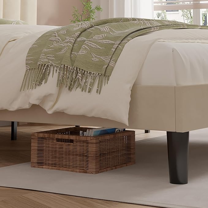 VECELO Queen Size Bed Frame with Upholstered Headboard, Velvet Platform Bedframe Mattress Foundation, Strong Wood Slat Support, No Box Spring Needed,Bone Beige