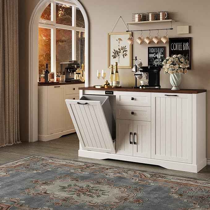 Vabches Farmhouse Buffet Cabinet with Tilt Out Trash Can, 55" Coffee Bar Cabinet&Sideboard with Storage and Drawers, Hidden Garbage Cabinet for Kitchen, Rustic White
