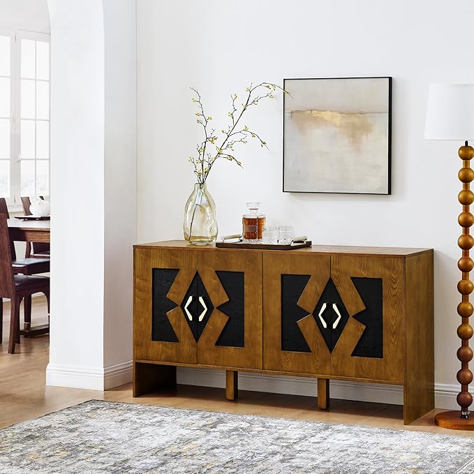 Ball & Cast 60" Mid Century Modern Sideboard Buffet Cabinet with Storage, Credenza & Media Console w/Geometric Pattern Doors & Adjustable Shelves for Living Room,Kitchen Coffee Bar,Entryway,Walnut