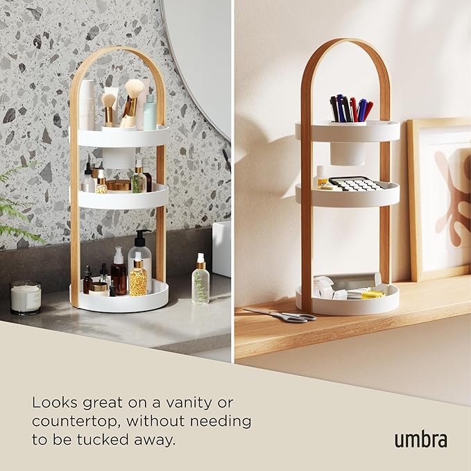 Umbra Bellwood Caddy, Organizer for Makeup and Cosmetics, Durable Rotating Container with Wooden Handle, Large, White/Natural