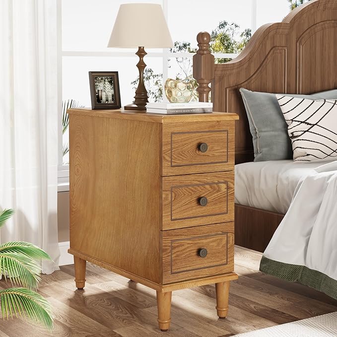 Tribesigns Solid Wood End Table, Fully Assembled Narrow Side Table with Drawers, Pre-Assembled Nightstand Slim Bedside Table for Small Spaces, Living Room, Bedroom, Wood