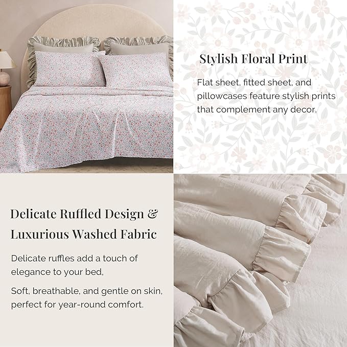 Twin XL Comforter Set - 5 Pieces Ruffle Birch Bedding Sets, Shabby Chic Farmhouse Bed in a Bag Twin XL with Ruffle Comforter, Floral Sheets, Pillowcases & Shams