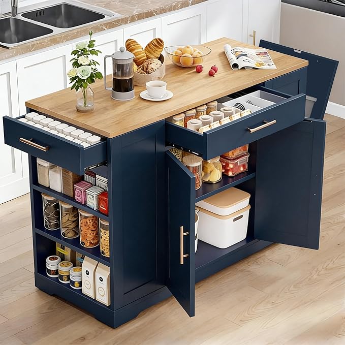 YITAHOME 53 inch Large Rolling Kitchen Island with Trash Can Storage Cabinet, Portable Mobile Islands Table Long Floating Movable w Wheels Cabinet for 13 Gallon Garbage Bin 2 Drawer, Navy Blue