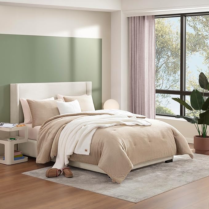 UGG Remina Comforter Set 5 Piece Bed in a Bag with Throw Blanket, Decorative Pillow, Shams, and Reversible Comforter Hypoallergenic Washable Luxury Warm Fluffy Bedding Set, Full/Queen, Brown Birch