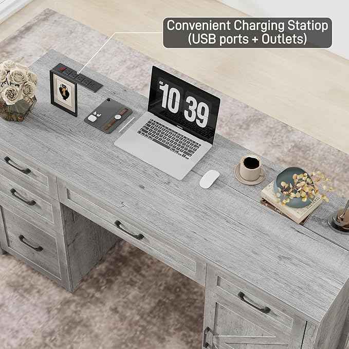 Vabches Farmhouse 61'' Executive Desk with 5 Drawers, Rustic Office Desk Computer Desk with Charging Station, File Drawers and Storage Cabinet, Wood Workstation for Home Office and Study,Grey.