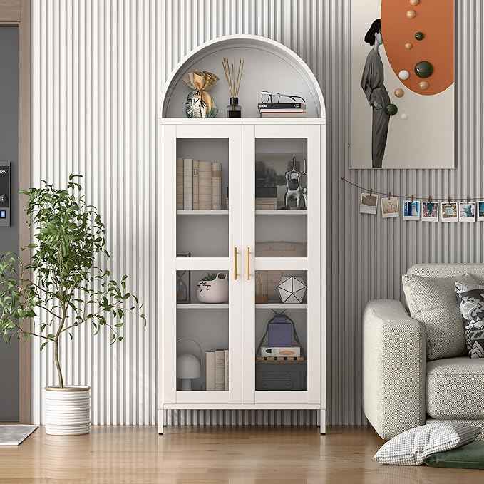 Metal Arched Cabinet with Glass Doors,White Tall Arched Bookcasefor Living Room, Home, Office, Assembly Required