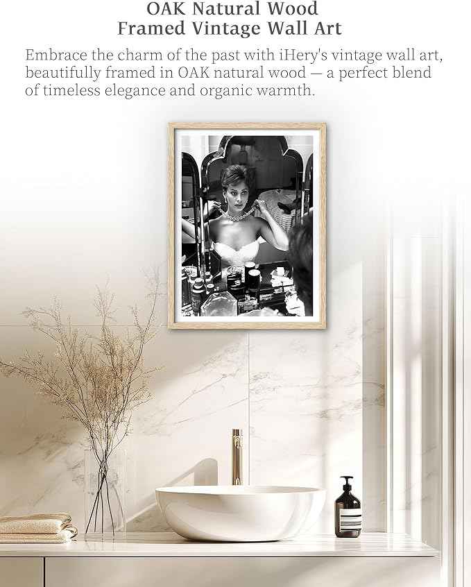 iHery Natural Wood Framed Woman Makeup Vintage Black White Fashion Wall Art,12x16in OAK Frame Photography Retro Poster for Bedroom Living Room Set of 1