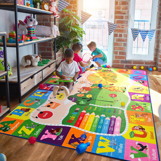 6x9 Playroom Rugs for Kids Washable, Educational and Fun Playmat with ABC Alphabet Animals Shapes Colors, Non-Slip Play Mat Learning Rugs for Baby Toddler Children Game Activity