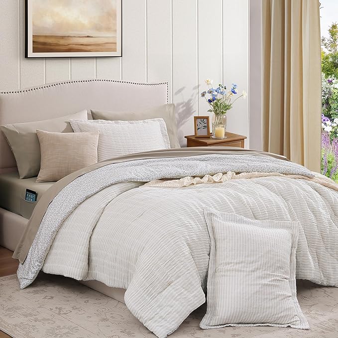 Full Comforter Set - 7 Pieces Beige Gauze Muslin Bedding Sets for All Seasons, Lightweight Breathable Bed in a Bag Full with Revesible Farmhouse Comforter, Sheets, Pillowcases & Shams