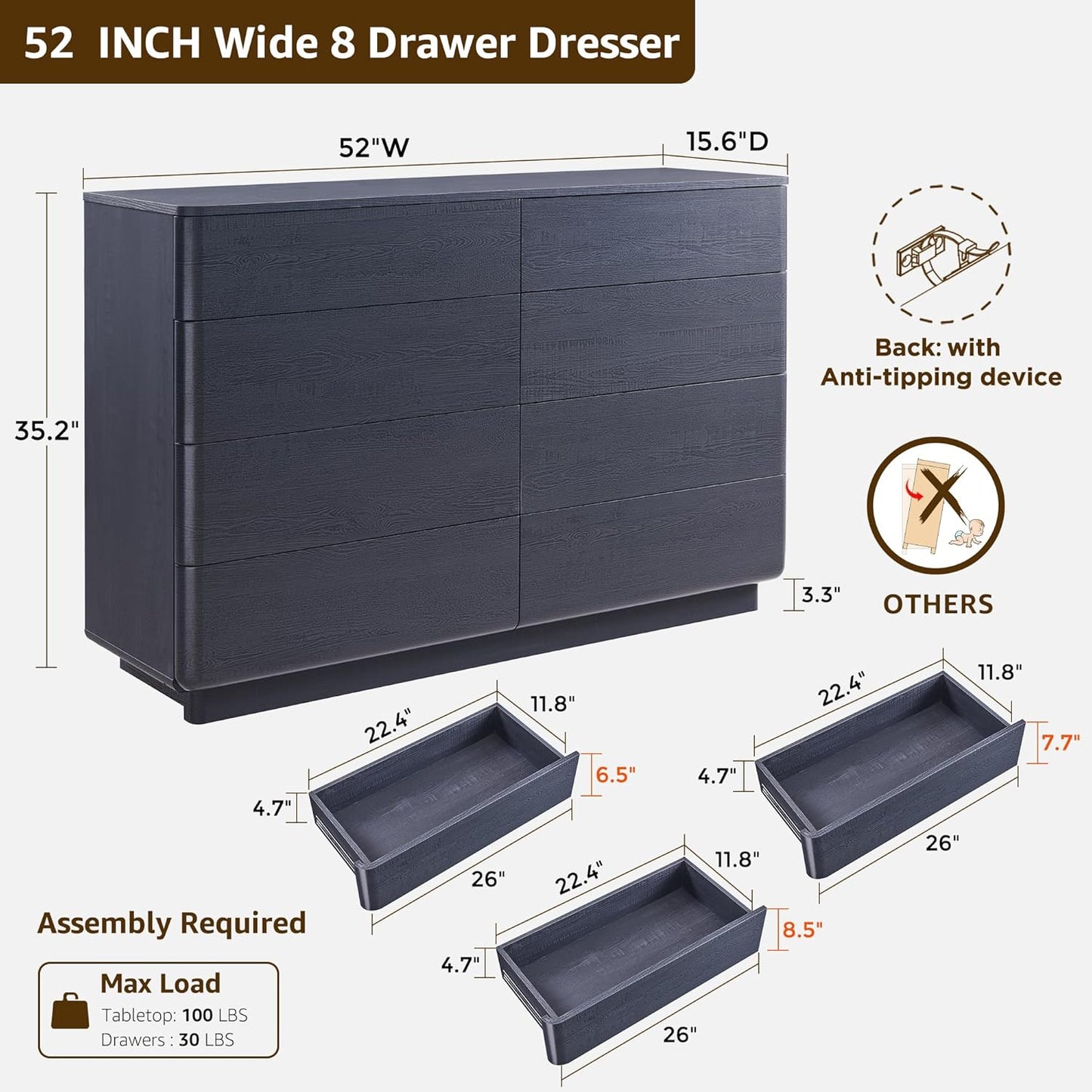 8 Drawer Dresser for Bedroom, 52 Inch Wide Modern Chest of Drawers, Push-to-Open Wood Storgae Organizer with Large Drawers for Bedroom, Living Room, Hallway, Black