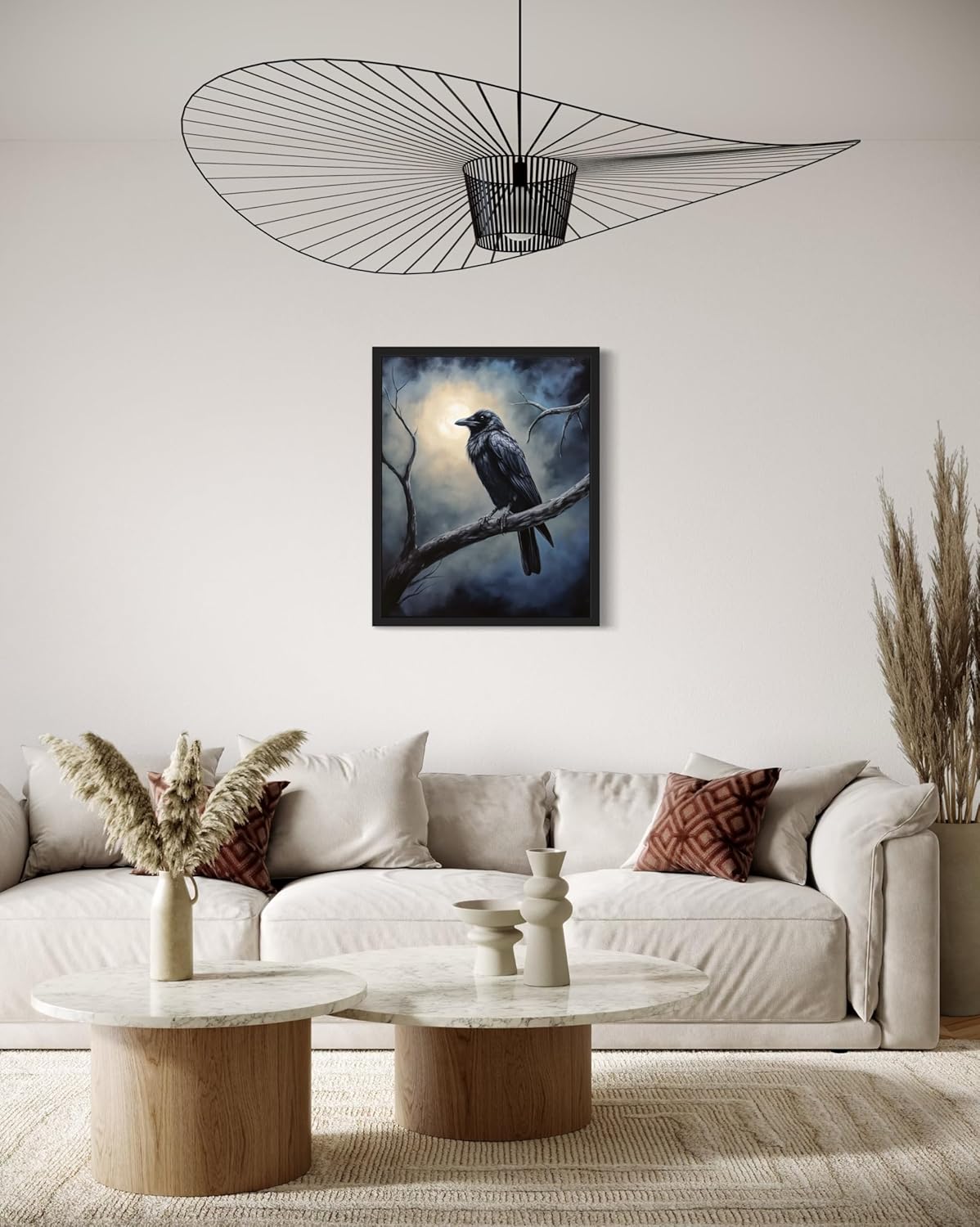 Crow under the Moonlight Poster Art Print, Halloween Scary Vintage Wall Art Academia Spooky Painting Decoration for Horror Prints, Gothic Posters Bedroom Decor 89 (Crow under the Moonlight, 8 x 10 inches, Black Frame)
