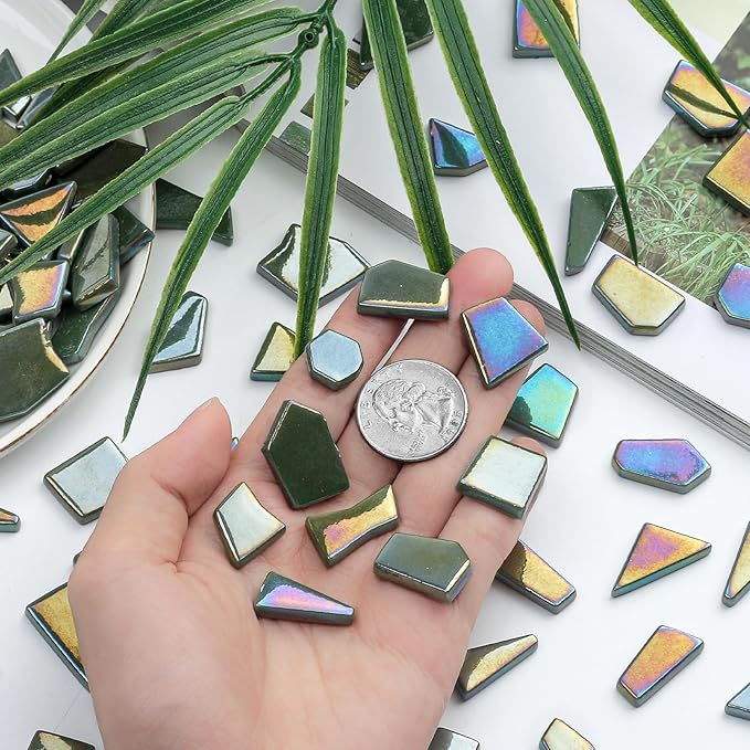 Youway Style Iridescent Glass Mosaic Tiles for Crafts Bulk,200g Green Broken Mosaic Glass Pieces for Garden Crafts Kits,DIY Mosaic Art Decor