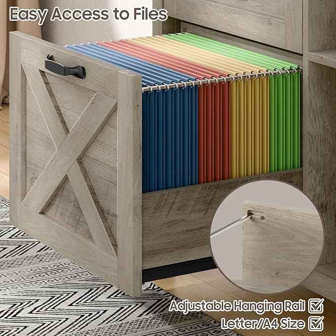 Vabches Lateral File Cabinet, Farmhouse 2 Drawer File Cabinet with Open Storage Shelf for Letter/Legal/A4 Size Hanging Files, Large Wood Storage Cabinets Printer Stand for Home Office, Rustic Grey