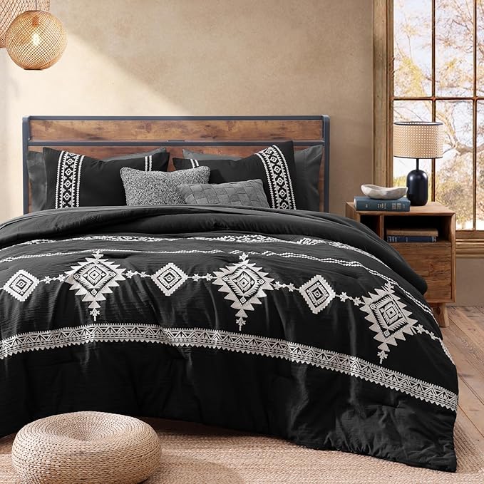 MaiRêve Embroidery Comforter Set, Boho Farmhouse Western Bedding Set, All Season Bed in A Bag Comforter Set with Sheets, Pillowcases & Shams, Black King 7 Pieces