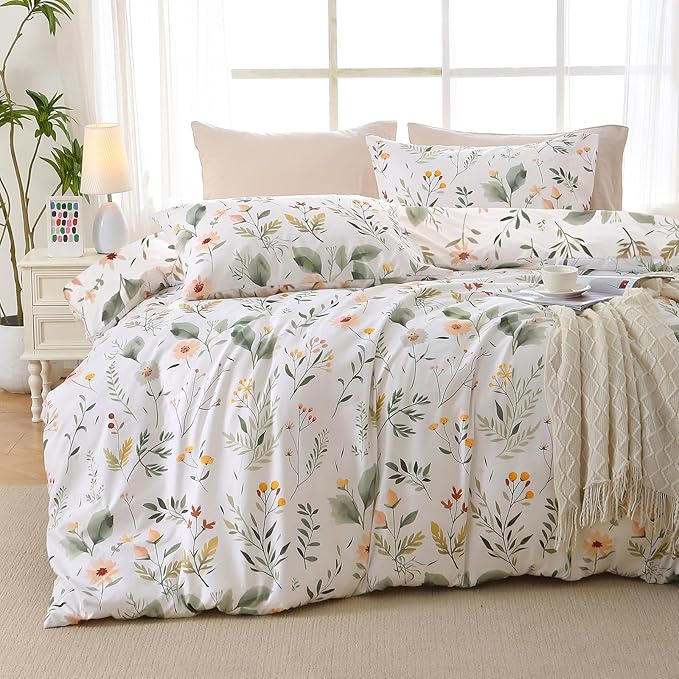 MUXHOMO Garden Leaves Full Comforter Set, Elegant Floral Print Bed in a Bag 7 Pieces, Ultra Soft & Breathable Reversible Botanical Pattern Bedding Set with Comforter, Sheets, Pillowcases, and Shams